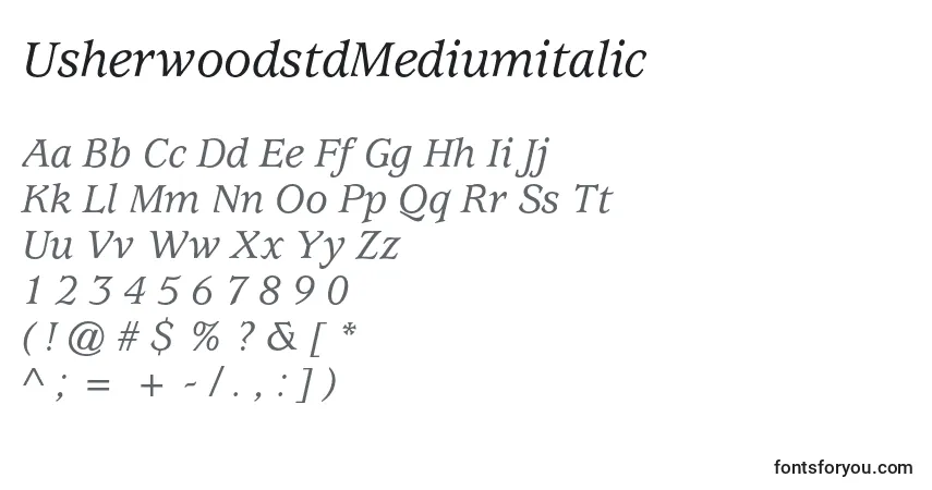 A fonte UsherwoodstdMediumitalic – alfabeto, números, caracteres especiais