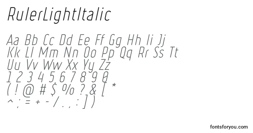 Шрифт RulerLightItalic – алфавит, цифры, специальные символы