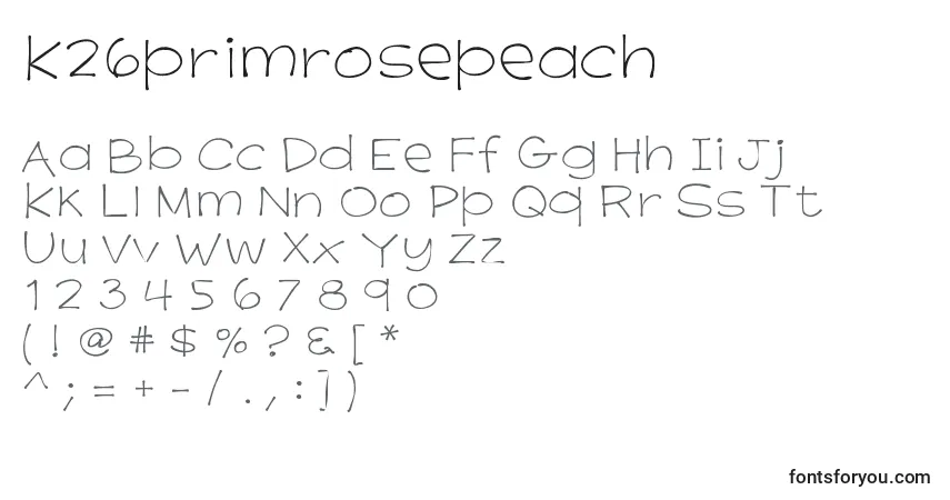 Czcionka K26primrosepeach – alfabet, cyfry, specjalne znaki