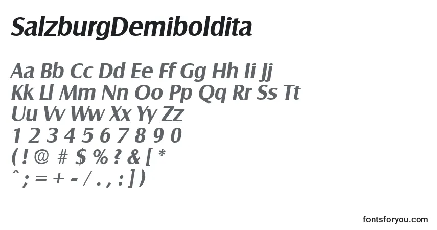 Czcionka SalzburgDemiboldita – alfabet, cyfry, specjalne znaki