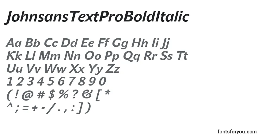 Czcionka JohnsansTextProBoldItalic – alfabet, cyfry, specjalne znaki