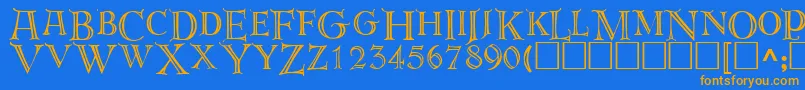 フォントDerooscaps – オレンジ色の文字が青い背景にあります。