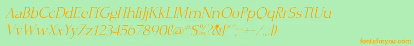 フォントCrisplightcItalic – オレンジの文字が緑の背景にあります。