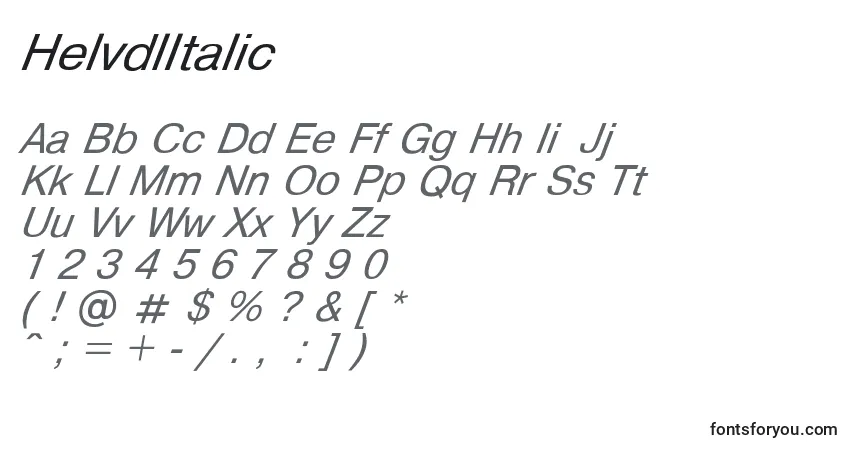 A fonte HelvdlItalic – alfabeto, números, caracteres especiais