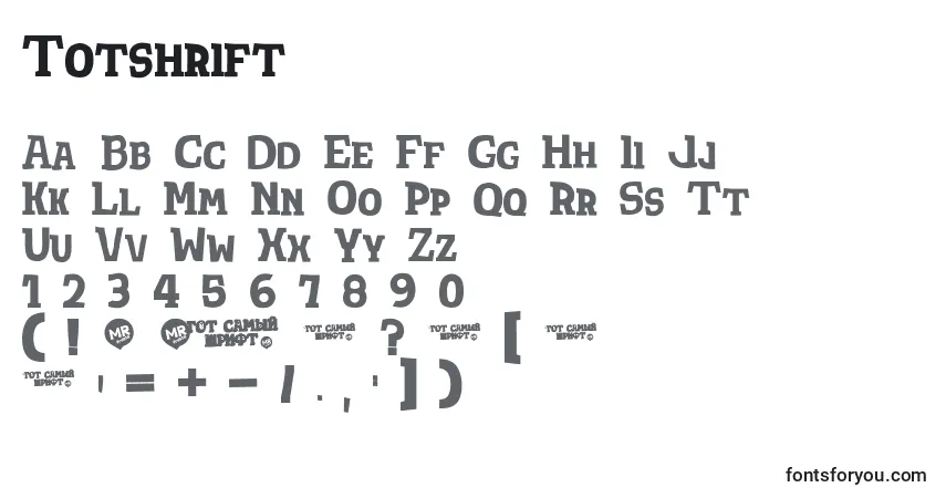 Schriftart Totshrift – Alphabet, Zahlen, spezielle Symbole