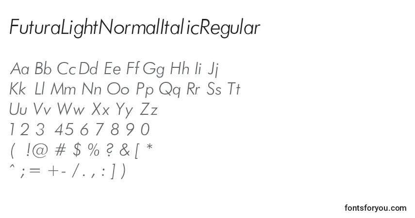 A fonte FuturaLightNormalItalicRegular – alfabeto, números, caracteres especiais