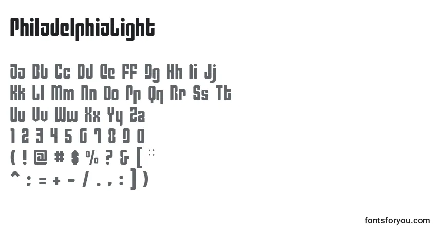 A fonte PhiladelphiaLight – alfabeto, números, caracteres especiais