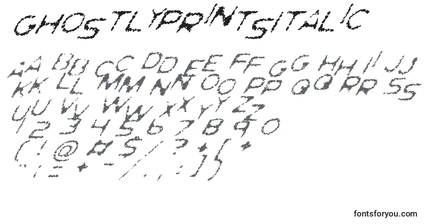 Schriftart GhostlyPrintsItalic – Alphabet, Zahlen, spezielle Symbole