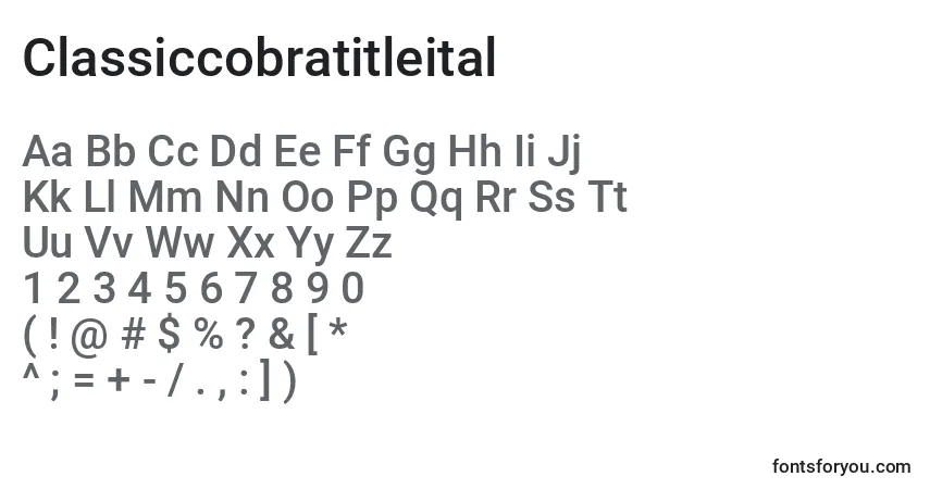 Шрифт Classiccobratitleital – алфавит, цифры, специальные символы