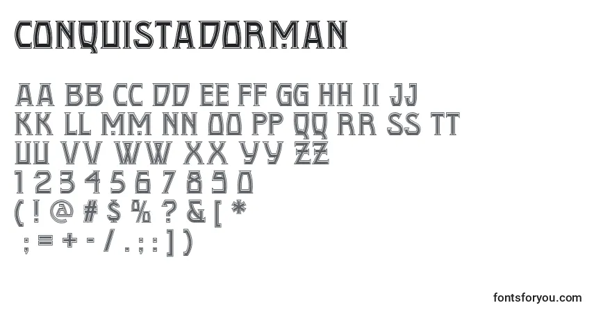 Czcionka Conquistadorman – alfabet, cyfry, specjalne znaki