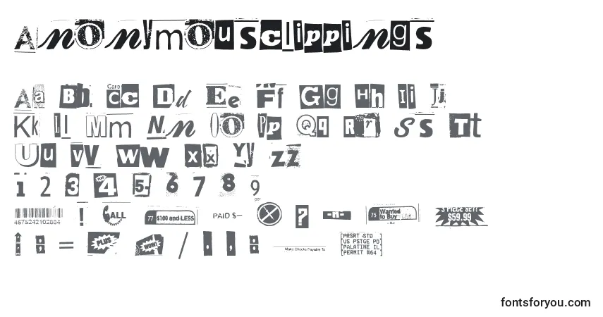 Czcionka Anonymousclippings – alfabet, cyfry, specjalne znaki