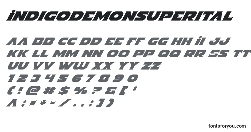 Schriftart Indigodemonsuperital – Alphabet, Zahlen, spezielle Symbole