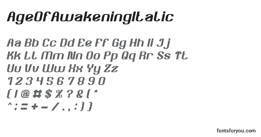 A fonte AgeOfAwakeningItalic – alfabeto, números, caracteres especiais
