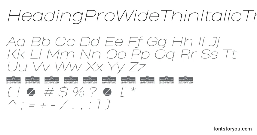 Шрифт HeadingProWideThinItalicTrial – алфавит, цифры, специальные символы