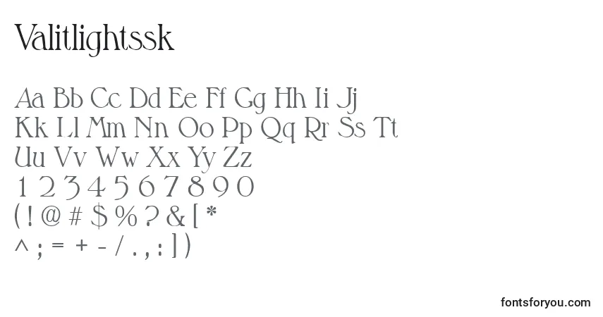 A fonte Valitlightssk – alfabeto, números, caracteres especiais