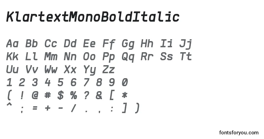 A fonte KlartextMonoBoldItalic – alfabeto, números, caracteres especiais