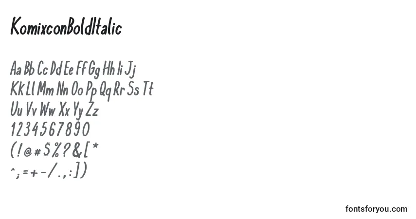 A fonte KomixconBoldItalic – alfabeto, números, caracteres especiais