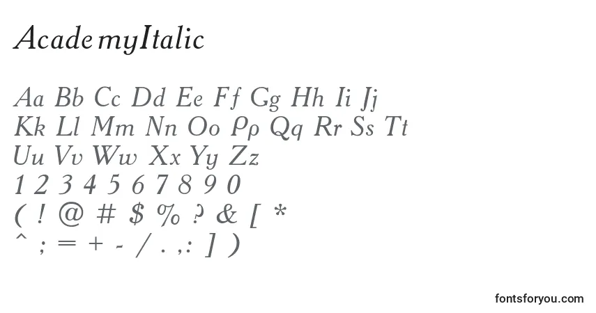 Schriftart AcademyItalic – Alphabet, Zahlen, spezielle Symbole