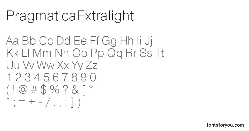 A fonte PragmaticaExtralight – alfabeto, números, caracteres especiais