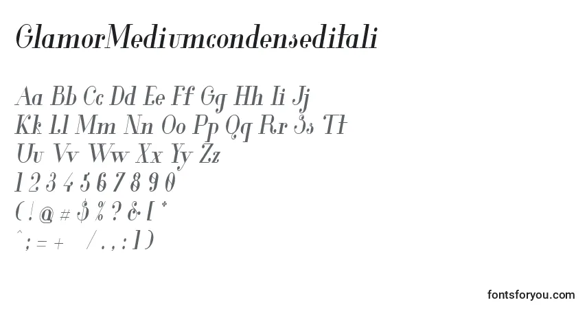 Czcionka GlamorMediumcondenseditali – alfabet, cyfry, specjalne znaki