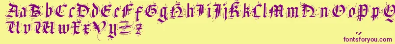 SatanasHumanumSalvator-Schriftart – Violette Schriften auf gelbem Hintergrund