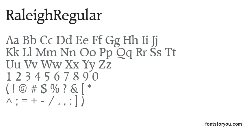 A fonte RaleighRegular – alfabeto, números, caracteres especiais