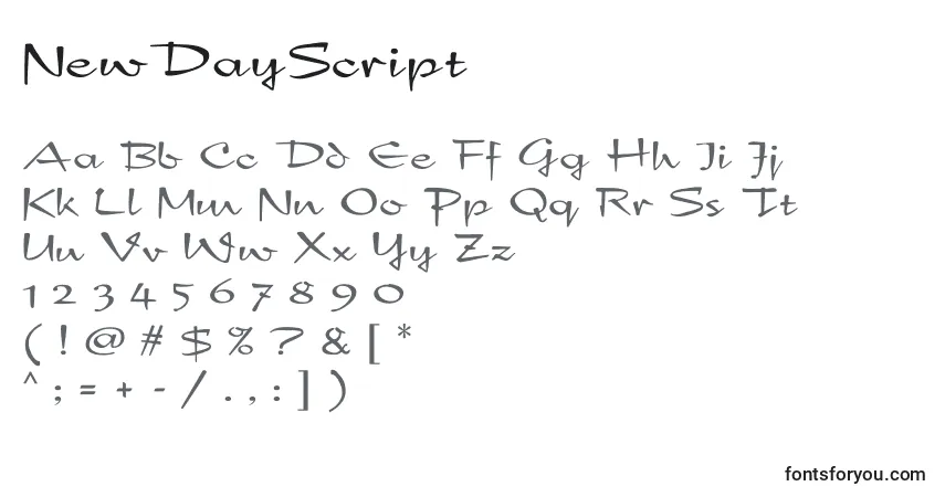 A fonte NewDayScript – alfabeto, números, caracteres especiais