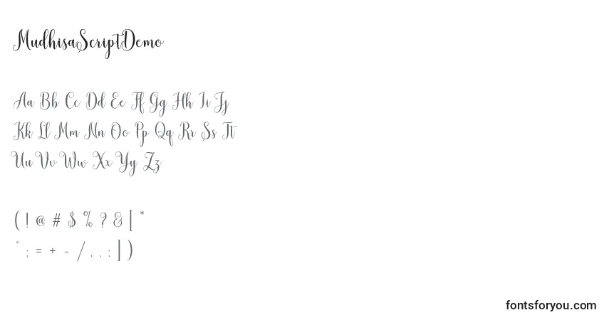 Schriftart MudhisaScriptDemo – Alphabet, Zahlen, spezielle Symbole