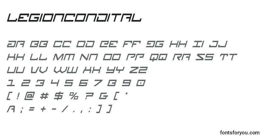 A fonte Legioncondital – alfabeto, números, caracteres especiais