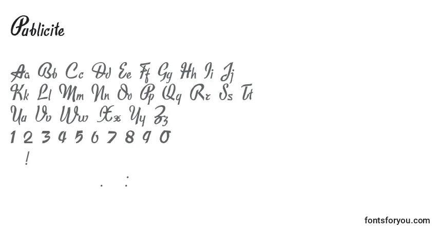 A fonte Publicite (35954) – alfabeto, números, caracteres especiais
