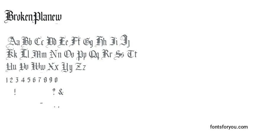 Czcionka BrokenPlanew – alfabet, cyfry, specjalne znaki
