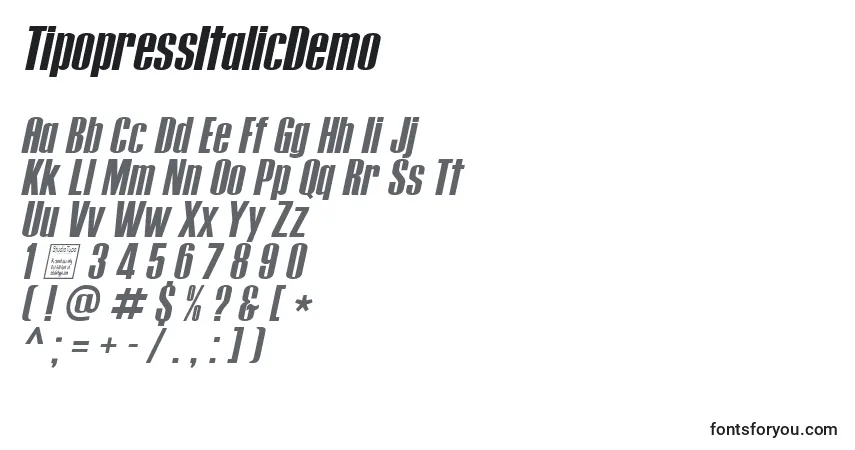 Schriftart TipopressItalicDemo – Alphabet, Zahlen, spezielle Symbole