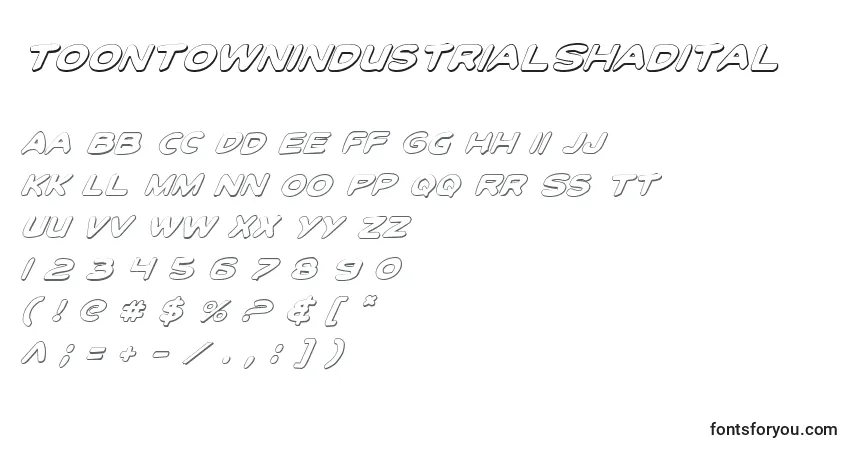 A fonte ToonTownIndustrialShadItal – alfabeto, números, caracteres especiais