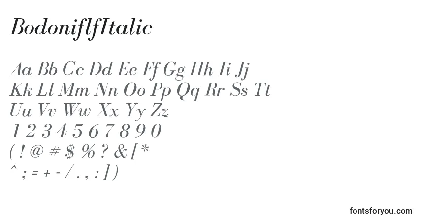 A fonte BodoniflfItalic – alfabeto, números, caracteres especiais