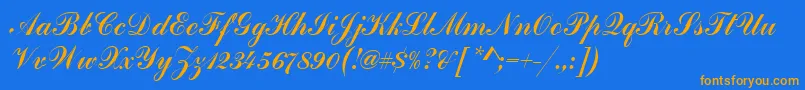フォントHandscriptSf – オレンジ色の文字が青い背景にあります。