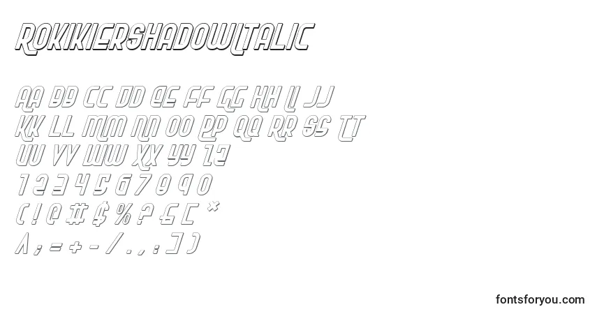 Шрифт RokikierShadowItalic – алфавит, цифры, специальные символы