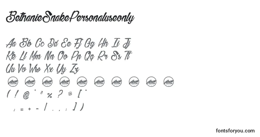 Czcionka BethanieSnakePersonaluseonly – alfabet, cyfry, specjalne znaki