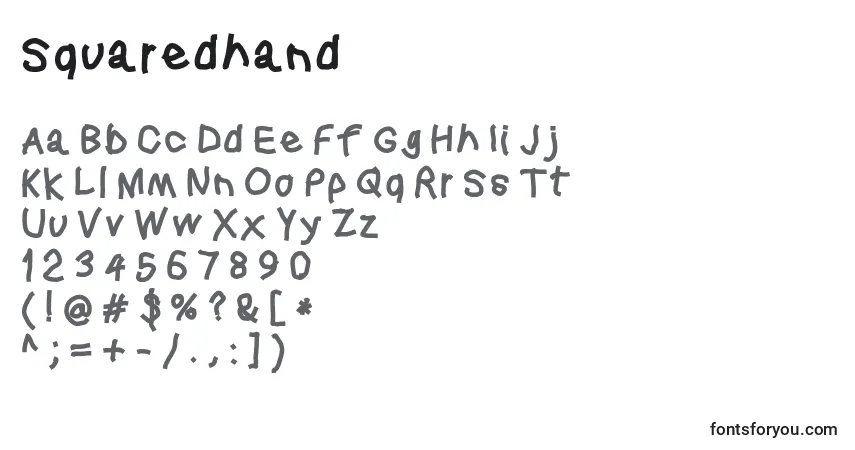 A fonte Squaredhand – alfabeto, números, caracteres especiais