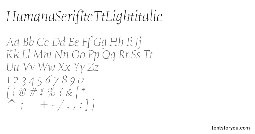 Czcionka HumanaSerifItcTtLightitalic – alfabet, cyfry, specjalne znaki
