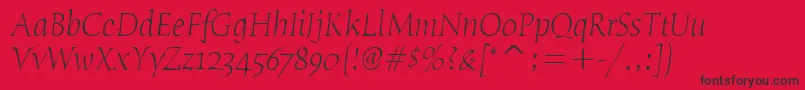 フォントHumanaSerifItcTtLightitalic – 赤い背景に黒い文字