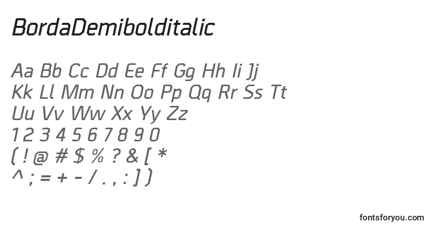 Czcionka BordaDemibolditalic – alfabet, cyfry, specjalne znaki