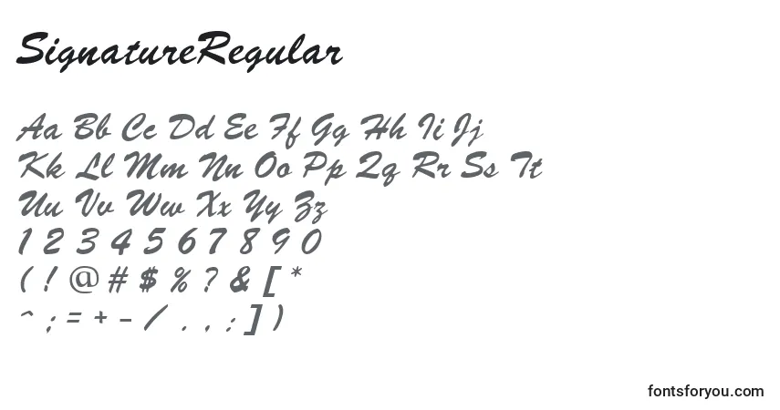 Czcionka SignatureRegular – alfabet, cyfry, specjalne znaki