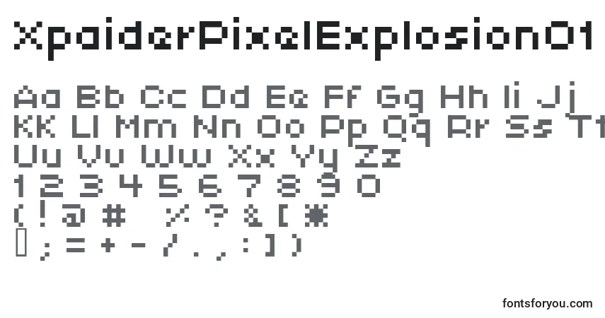 XpaiderPixelExplosion01-fontti – aakkoset, numerot, erikoismerkit