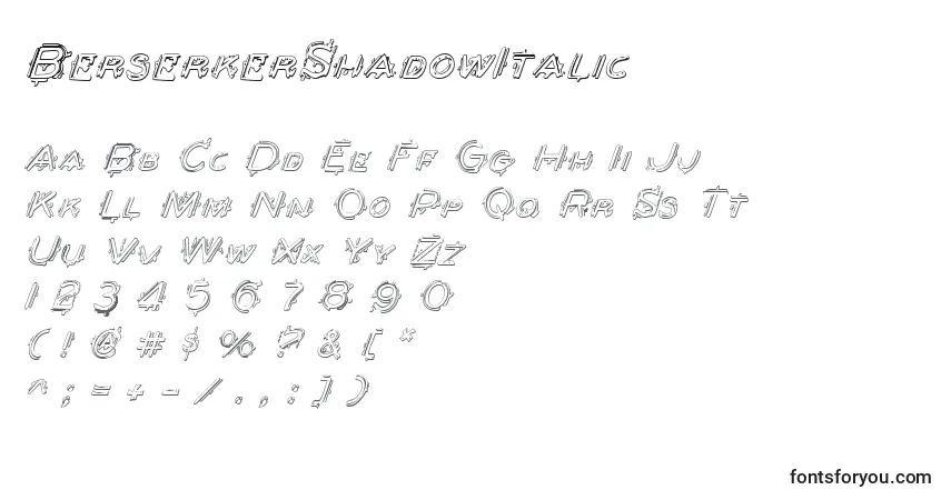 Шрифт BerserkerShadowItalic – алфавит, цифры, специальные символы