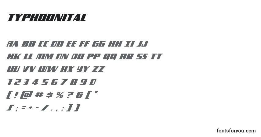 Schriftart Typhoonital – Alphabet, Zahlen, spezielle Symbole