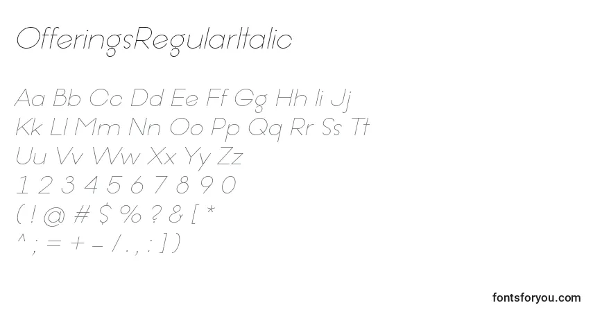 Schriftart OfferingsRegularItalic – Alphabet, Zahlen, spezielle Symbole