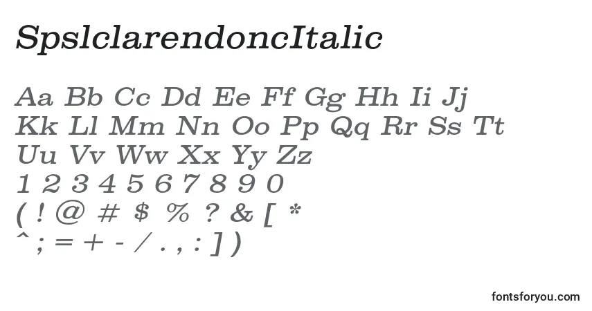 Czcionka SpslclarendoncItalic – alfabet, cyfry, specjalne znaki