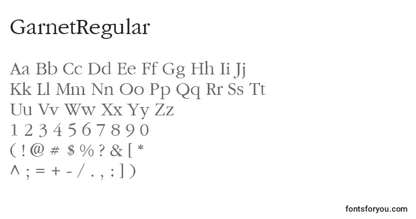 A fonte GarnetRegular – alfabeto, números, caracteres especiais