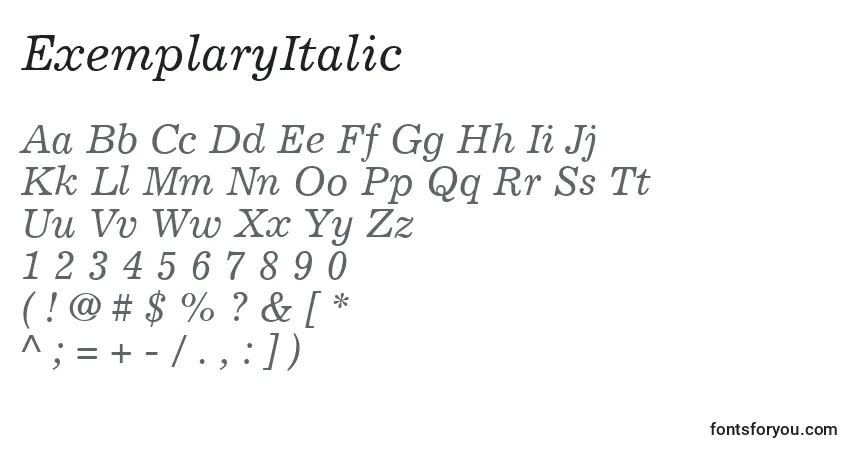 Czcionka ExemplaryItalic – alfabet, cyfry, specjalne znaki
