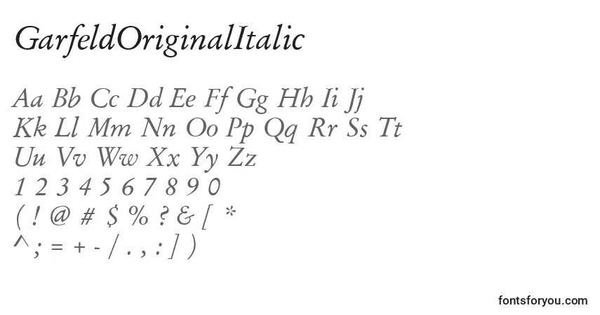 Czcionka GarfeldOriginalItalic – alfabet, cyfry, specjalne znaki